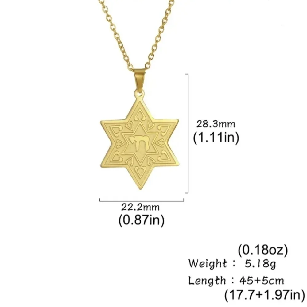 Necklace--Stainless Star of David w/Chai, Gold or Silver Tone